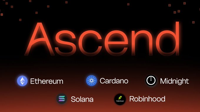 A promotional graphic for 'Ascend' displaying logos for Ethereum, Cardano, Midnight, Solana, and Robinhood against a dark red background.