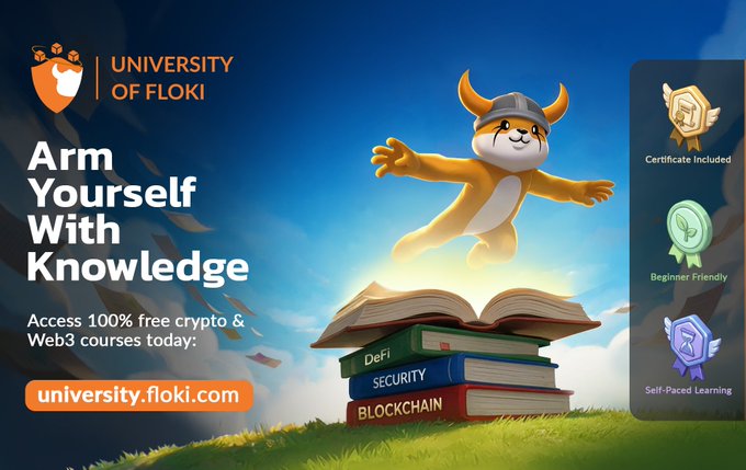 The image is a promotional banner for University of Floki featuring a horned-viking mascot leaping from a stack of books labeled "DeFi," "Security," and "Blockchain," with the headline "Arm Yourself With Knowledge" and a call-to-action directing viewers to university.floki.com for free crypto and Web3 courses. Side badges highlight that a certificate is included, courses are beginner-friendly, and learning is self-paced—visually reinforcing the post's message that bear markets are ideal for building skills through free educational resources.