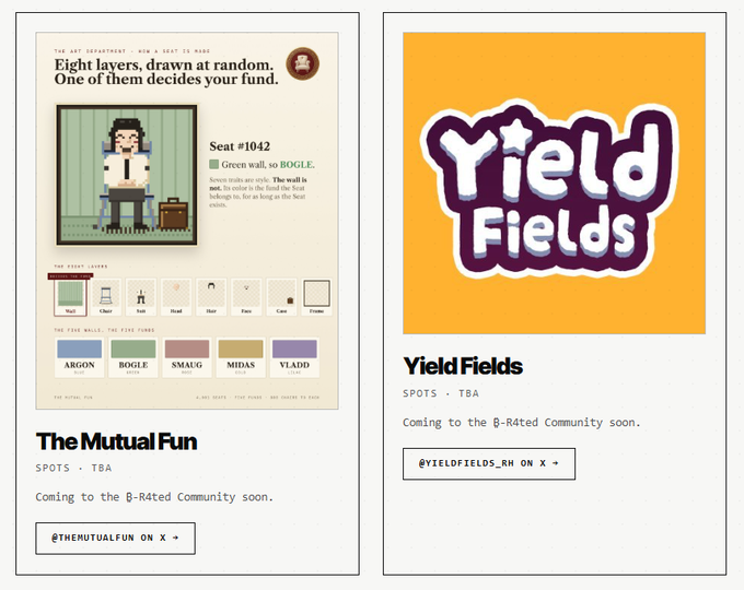 The image displays two promotional cards side by side for upcoming additions to the B-R4ted Community. The left card showcases "The Mutual Fun" with pixel art of a man seated at "Seat #1042," noting "Green wall, so BOGLE" along with selections of seat types (Wall, Chair, Bar) and fun types (Argon, Bogle, Smaug, Midas, Vladd). The right card features a bold orange and purple "Yield Fields" logo, with both cards sharing the tagline "Coming to the B-R4ted Community soon." Each card includes social media handles—@themutualfun and @YieldFields_RH respectively—matching the announcement's promotion of these two projects joining the exclusive Discord community.
