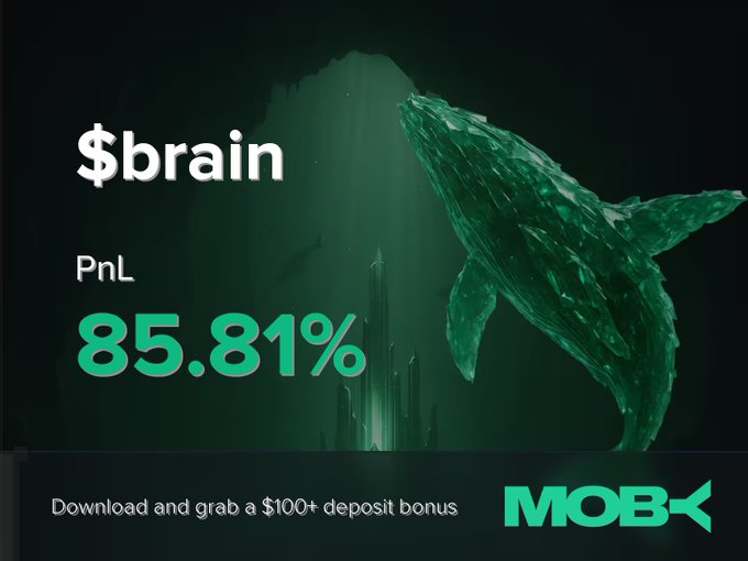 A promotional image for Moby featuring an underwater scene with a whale and "$brain" ticker displayed alongside an 85.81% PnL figure, with a call-to-action offering a $100+ deposit bonus, highlighting a trader's successful position close.