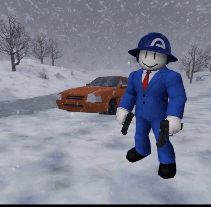 A 3D Roblox-style avatar character in a blue suit and hat holding two guns in a snowy landscape, with an orange car parked behind it.