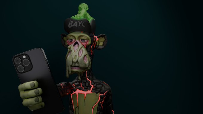 A 3D-rendered zombie-like cartoon character wearing a 'BAYC' cap holds up a smartphone against a dark background.