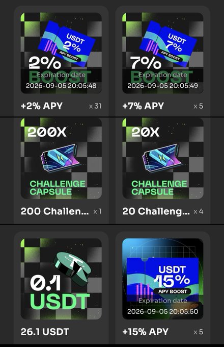 A digital interface displaying various USDT APY boost items and challenge capsules with percentages of 2%, 7%, and 15%, along with expiration dates.