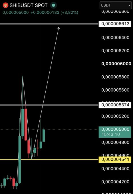 A candlestick chart of SHIB/USDT shows the price currently at 0.00000500 (+3.80%), with an arrow drawn upward toward a resistance level near 0.00000612, visually reinforcing the post's bullish comparison between Shiba Inu and a prior breakout like RAD.