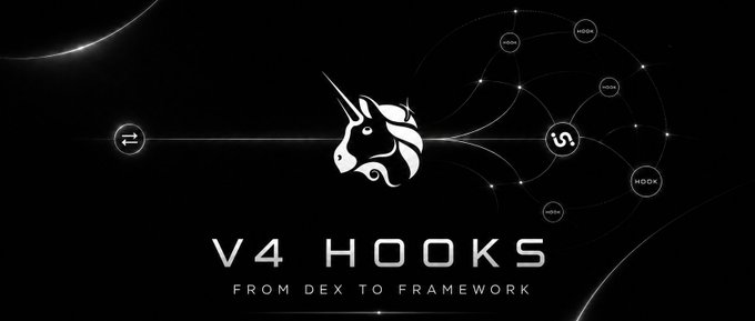 A promotional banner for "V4 HOOKS - FROM DEX TO FRAMEWORK" featuring the Uniswap unicorn logo alongside various cryptocurrency tokens (USDC, WBTC, USDT, USD, LINK) on a dark background with network-like connections. The image ties into the post by showcasing Uniswap's evolution from a simple DEX into a broader framework, supporting the claim that Uniswap may become the most AI-friendly infrastructure.