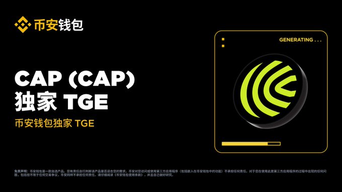 Binance Wallet promotional graphic for the exclusive TGE of CAP token, featuring the platform's logo and a "GENERATING..." loading interface alongside text announcing "CAP (CAP) 独家 TGE."

The image visually promotes the Binance Wallet exclusive TGE event for $CAP mentioned in the post, highlighting it as the 47th launch on Binance Alpha with a lower initial circulation of 15.6% compared to previous projects.