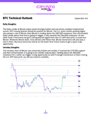 A "BTC Technical Outlook" dated September 3rd with daily insights describes Bitcoin consolidation around $111K, showing a price chart.