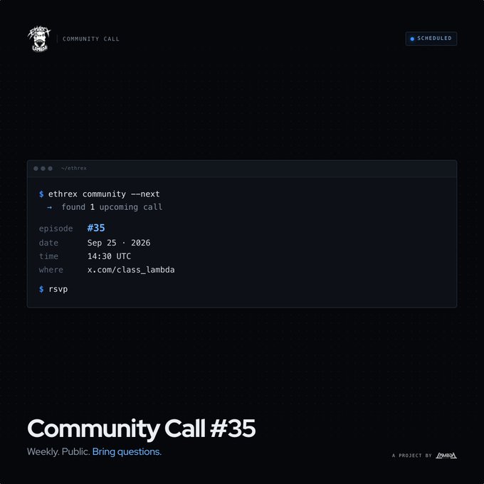 A digital announcement for 'Community Call #35' by ethtrex, scheduled for September 25, 2026 at 14:30 UTC, with terminal-style command display.