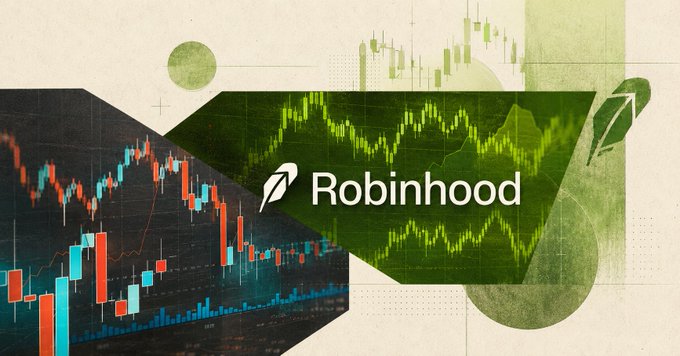 A stylized graphic featuring the Robinhood logo and branding prominently displayed in the center, flanked by financial candlestick charts and trading data visualizations, illustrating the company's expansion into blockchain and tokenized assets. The bold green and dark color scheme with market graphs visually reinforces the article's focus on Robinhood Chain's $542M total value locked and its appeal to stablecoin liquidity.