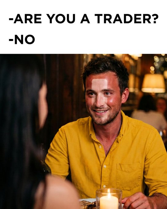 A man sits at a dimly-lit dinner table with a candle, smiling awkwardly at his date, while text at the top reads "-ARE YOU A TRADER? -NO." The post "cooked (literally)" humorously pairs with his sunburned forehead, suggesting his "cooked" financial answer was matched by getting badly sunburned outdoors.