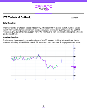 A 'CRYPTO ZONE' LTC Technical Outlook report dated July 8th discussing Litecoin's daily candle indecisiveness, key levels at $51.60 resistance and $43.50 support, with a price chart.