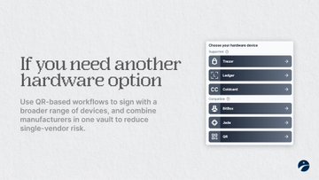 The image showcases a hardware device menu with options like Trezor, Ledger, Coldcard, BitBox, Jade, and GridPlus, alongside text reading "If you need another hardware option - Use QR-based workflows to sign with a broader range of devices, and combine manufacturers in one vault to reduce single-vendor risk." This relates to the post by highlighting how Unchained built custom recovery tooling to help MARA Slipstream clients secure their multisig wallets with diverse hardware options following the Coldcard hack.