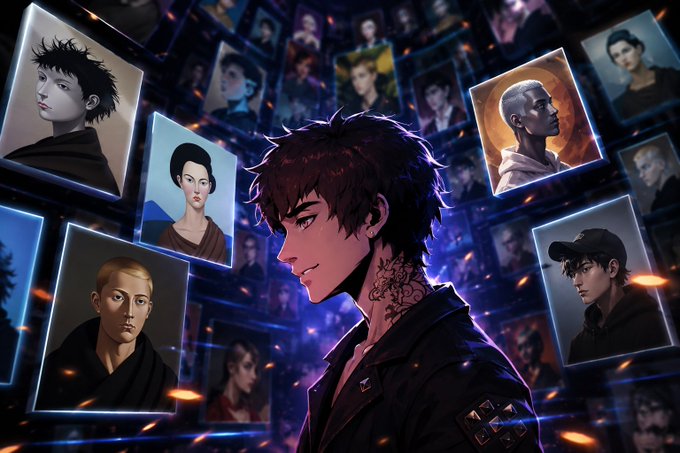 An anime-style illustration of a dark-haired character with a neck tattoo in a black jacket, surrounded by floating portraits of various characters including a monk-like figure, with glowing orange embers in a dark cosmic background.