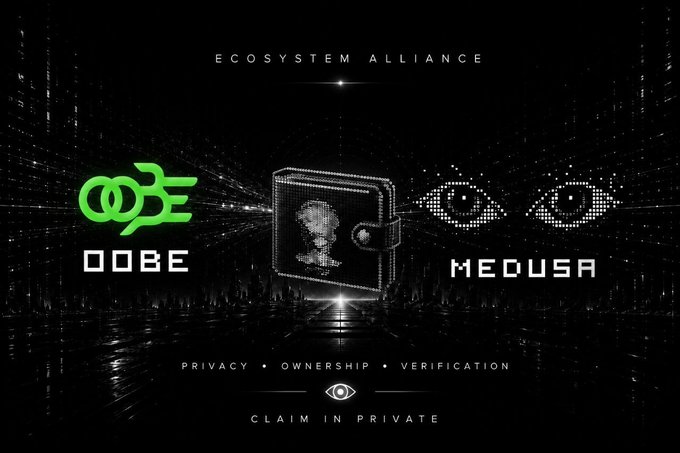 The image features a black background with two green logos - one for OOBE and another for Medusa. The OOBE logo has a pair of eyes, while the Medusa logo displays an eye. Both logos are positioned on the same side of the image. Below these logos, there is text that reads "// Excited to partner with @OOBEonSol" and "Medusa uses Synapse RPC for Solana data access, wallet eligibility scans, USDC preflight, and x402 mint flows." The text also mentions that OOBE is building the agent stack on Solana (RPC, SAP, SDKs, x402 escrow).