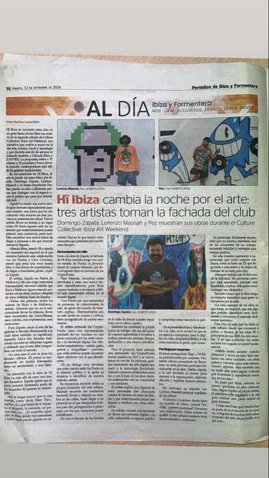 A newspaper page featuring an article headlined 'Diario de IBIZA y Formentera' with the main headline 'El í Ibiza cambia la noche por el arte' discussing 'tres artistas tornan la fachada del club'.