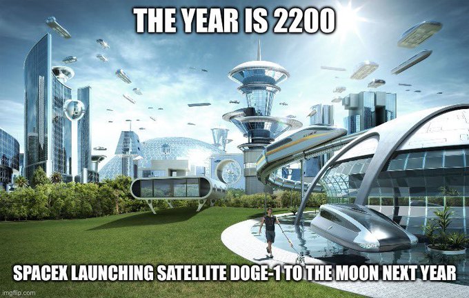 A futuristic cityscape meme captioned 'THE YEAR IS 2200' and 'SPACEX LAUNCHING SATELLITE DOGE-1 TO THE MOON NEXT YEAR', showing flying vehicles, sleek buildings, and a person near a monorail.