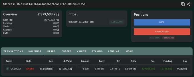 A Hyperliquid perpetual positions dashboard for address 0xc36af149b64a41aab6c26ea6b71c37082d9e105b shows a SHORT position on $CASHCAT with 3x isolated leverage and a $529,016.30 unrealized profit, visually confirming the post's claim of a highly profitable short on the token following its 70%+ crash.