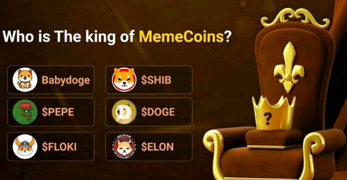 A graphic titled 'Who is The king of MemeCoins?' featuring a golden throne and crown alongside six cryptocurrency options including $Babydoge, $SHIB, $PEPE, $DOGE, $FLOKI, and $ELON.