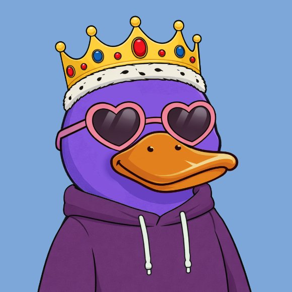 A cartoon illustration of a purple duck wearing a golden jeweled crown, pink heart-shaped sunglasses, and a purple hoodie against a light blue background.