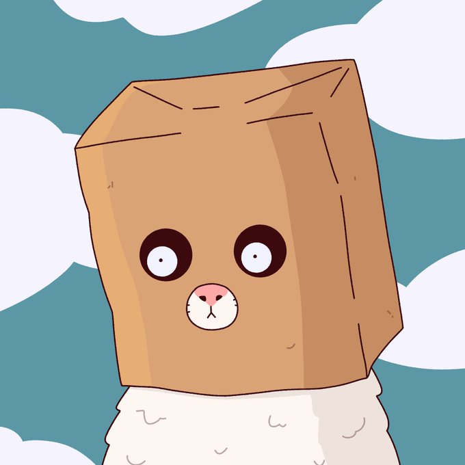 A cartoon illustration of a brown paper bag with wide, staring eyes and a small animal snout, worn over a fluffy white body against a blue sky with clouds.