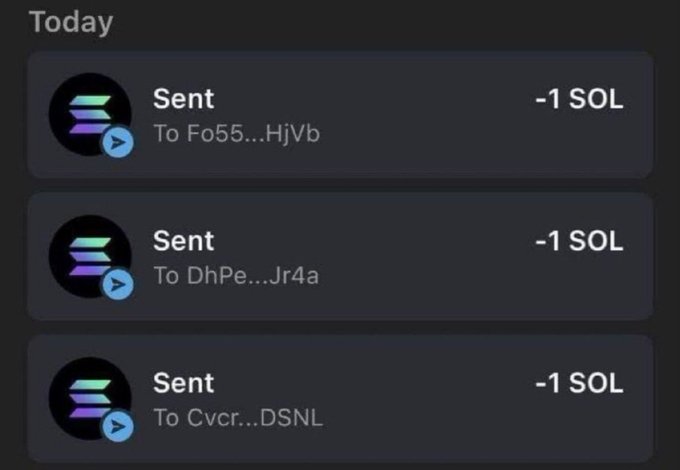 A screenshot of a transaction history showing three "Sent" transactions, each for "-1 SOL," to addresses "Fo55...HjVb," "DhPe...Jr4a," and "Cvcr...DSNL," consistent with the post's promotion to send a $SOL address for a potential airdrop or giveaway. The display of outbound payments aligns with the post's request to share wallet addresses.