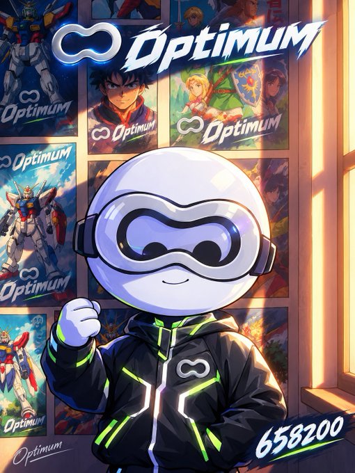 An anime-style illustration features a round white character wearing VR goggles and a black jacket with green accents, surrounded by posters labeled 'Optimum' featuring various anime and mecha characters, with the number '658200' at the bottom.