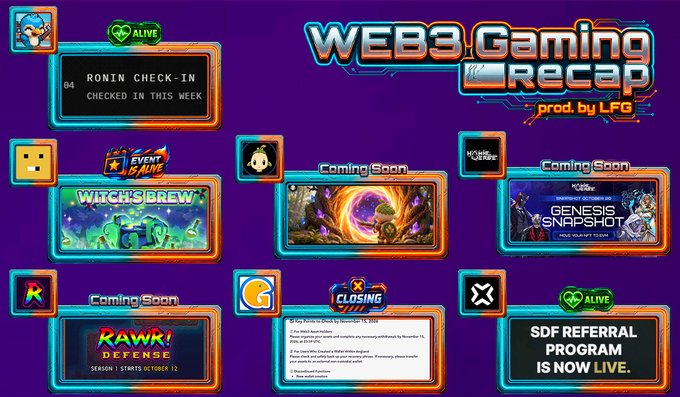 A 'WEB3 Gaming Recap prod. by LFG' dashboard featuring various game cards including 'Witch's Brew' (Event is Live), 'Genesis Snapshot' (Coming Soon), 'Rawr! Defense' Season 1 (Coming Soon), and SDF Referral Program (Alive).