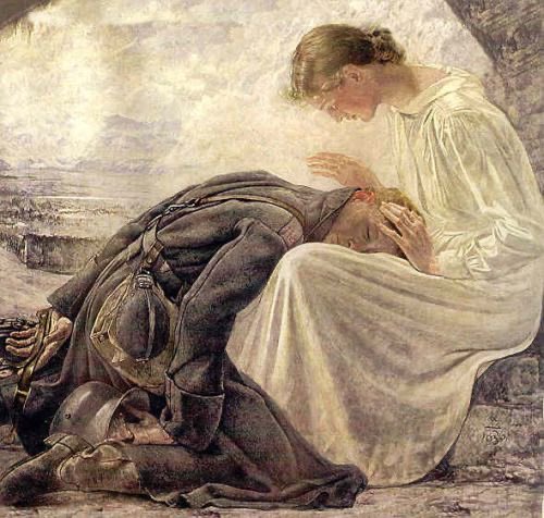 A classical painting depicting a woman in a white dress gently cradling a weary soldier in military uniform who rests his head in her lap.