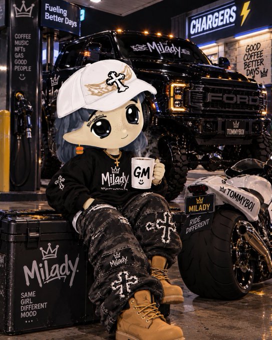 An anime-style character wearing a 'Milady' cap, hoodie, and pants sits on a matching black storage case holding a 'GM' mug, with a black Ford truck and motorcycle labeled 'Milady' and 'TommyBoy' behind them.