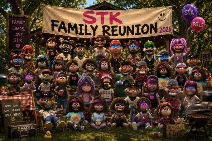 A colorful illustration of a large group of puppet-like characters gathered under a banner reading 'STK FAMILY REUNION 2026', with side signs saying 'FAMILY. CHAOS. LOVE. STK.' and 'STK DOLLS 4 LIFE'.