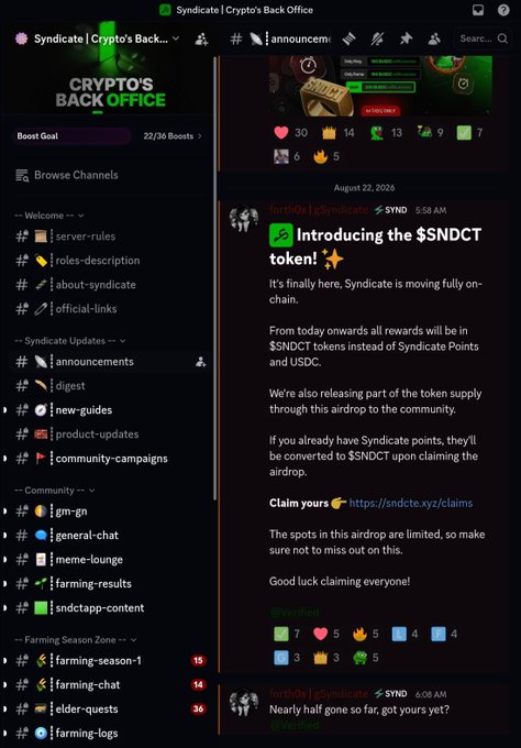 A Discord server screenshot for 'Syndicate | Crypto's Back Office' displaying an announcement about the introduction of the $SNDCT token and airdrop for the community.