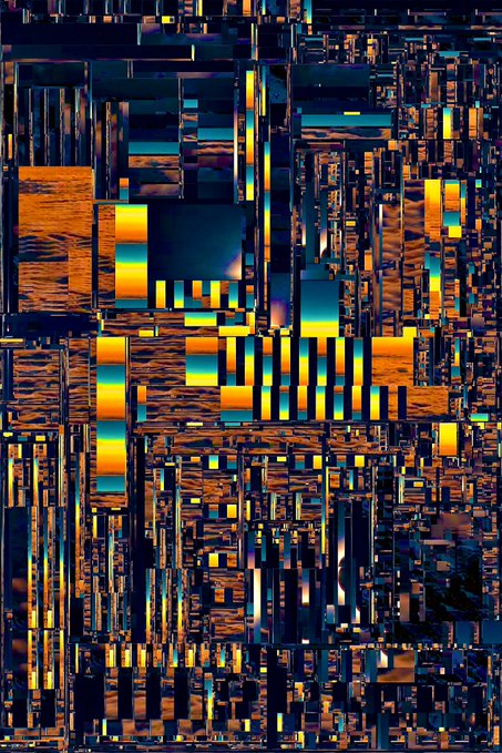 An abstract geometric digital art piece featuring a complex grid pattern of blue and gold/yellow rectangular shapes resembling a circuit board or cityscape.