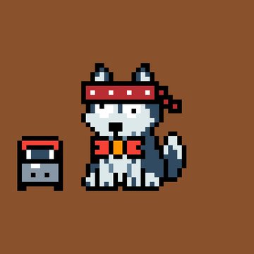 A pixel art illustration of a white cat wearing a red bandana and collar, sitting beside a small red and white container on a brown background.