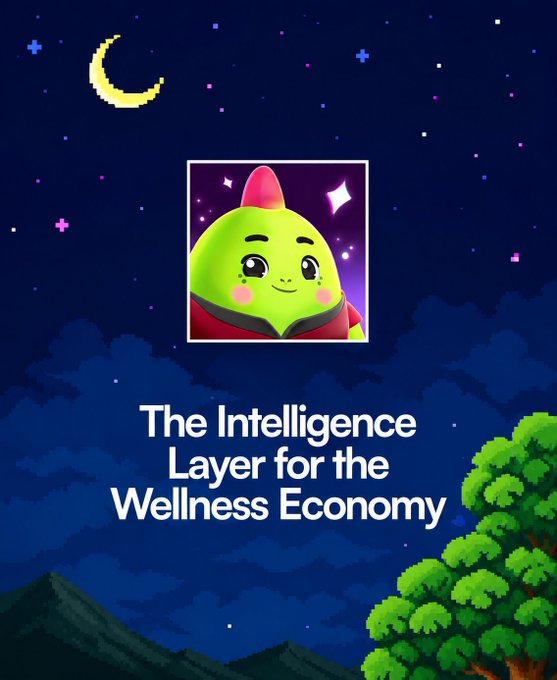 A promotional graphic with a pixel art night sky background featuring a crescent moon and stars, displaying a green cartoon character logo and the tagline 'The Intelligence Layer for the Wellness Economy'.