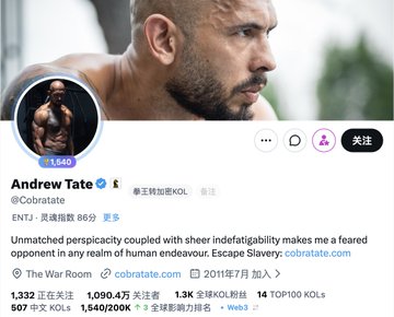 The image shows a Twitter/X profile for Andrew Tate (@cobratate) with 1,090.4万 (10.9 million) followers, 1.3K KOL followers, and his bio reading "ENTJ - 灵魂指数 865." The post discusses a bull market and the surge of $ANSEM compared to $DADDY's 2024 run, with the Andrew Tate profile appearing unrelated to the cryptocurrency meme discussion—likely used as a visual of a controversial public figure, possibly to suggest the broader cultural moment around influencer-driven market movements.