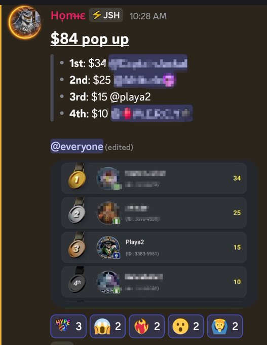 A Discord message showing an '$84 pop up' game from user JSH with prizes for 1st ($34), 2nd ($25), 3rd ($15), and 4th ($10) places, with Playa2 in 3rd place.