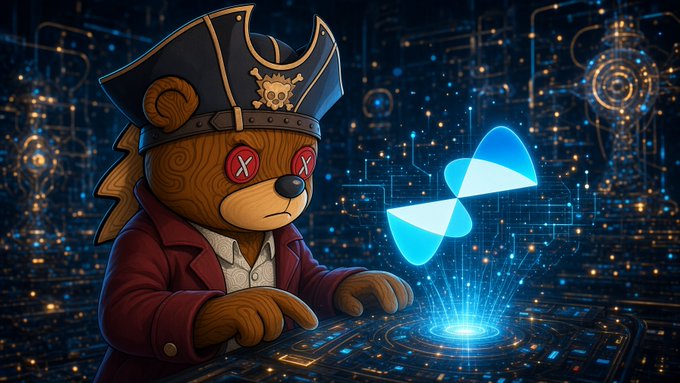 A digital illustration features a teddy bear dressed as a pirate captain with a tricorn hat and red coat, interacting with a glowing blue butterfly-like logo on a futuristic circuit board background.