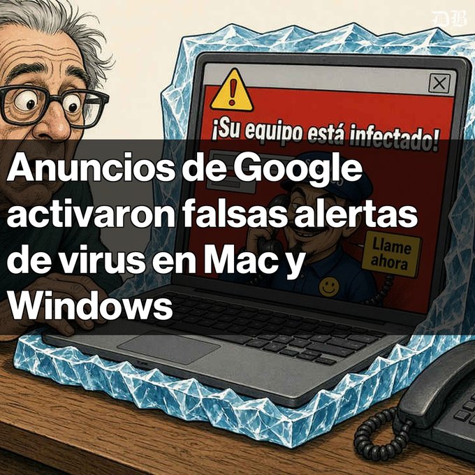 An illustration showing a man looking at a laptop displaying a fake virus warning ("¡Su equipo está infectado!") surrounded by ice, with Spanish text about Google ads triggering fake virus alerts on Mac and Windows.