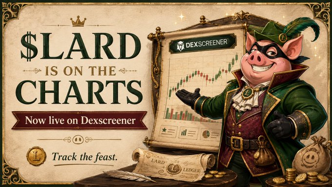 A vintage-styled promotional banner for '$LARD' cryptocurrency featuring a pig dressed as an aristocratic musketeer, with text announcing 'IS ON THE CHARTS - Now live on Dexscreener' alongside trading charts and a bag of gold coins.