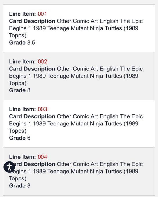 A list of comic art line items (001-004) for 'Teenage Mutant Ninja Turtles' cards from 1989 Topps, graded 8.5, 8, 6, and 8.