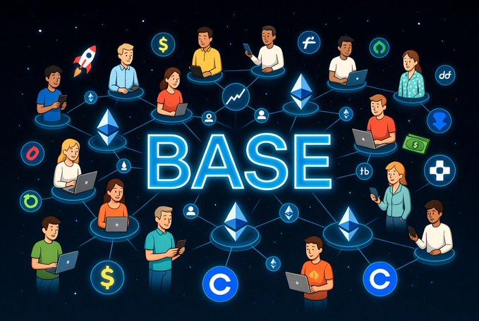 A digital illustration showing a network of cartoon people connected to cryptocurrency and tech logos (Ethereum, Bitcoin, Messenger), with the glowing word "BASE" in the center.