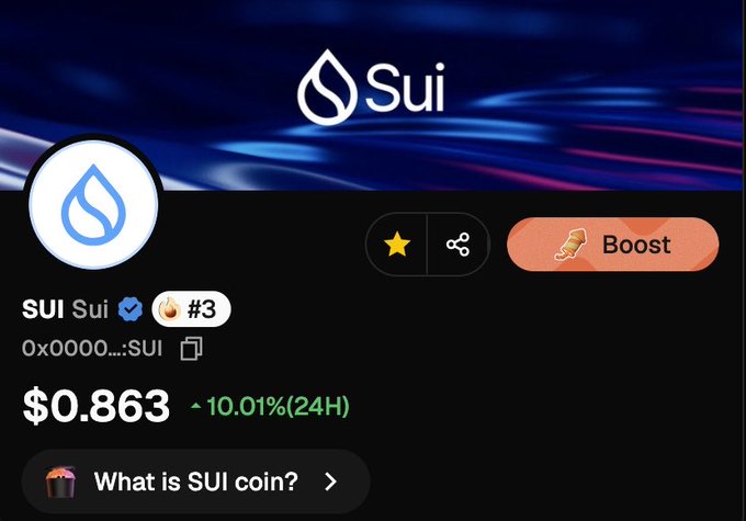 A screenshot showing SUI cryptocurrency at $0.863 with a 10.01% gain in 24 hours, ranked #3. The bullish price action aligns with the post's excitement about SUI's parabolic momentum.
