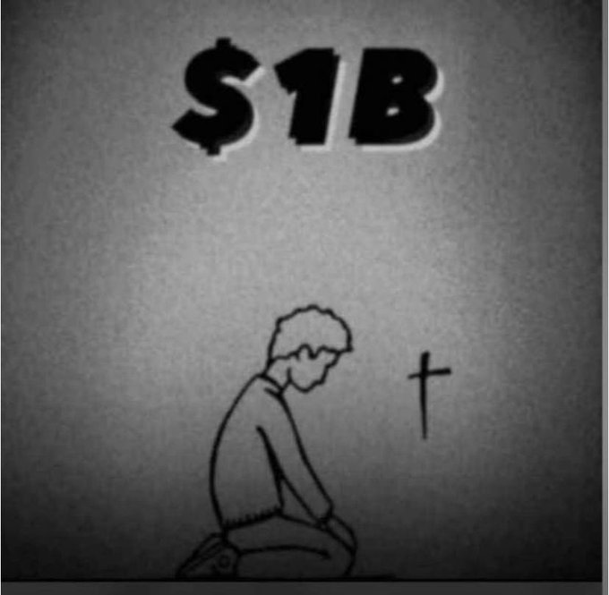 Grayscale illustration of a kneeling, hunched figure in prayer before a cross, with large bold text '$1B' displayed at the top.
