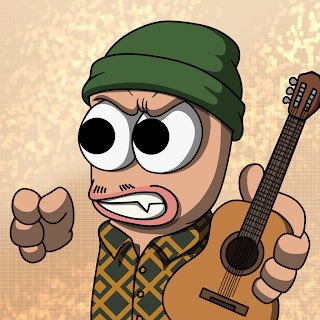 A cartoon illustration of a character with large eyes wearing a green beanie and a plaid shirt, holding an acoustic guitar and clenching a fist with an angry expression.