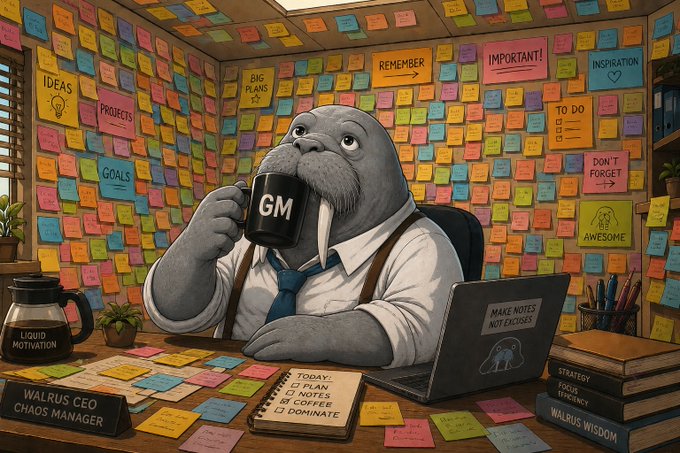 A digital illustration of a walrus wearing a shirt and tie, holding a mug labeled "GM," sitting at a desk covered in colorful sticky notes, with a plaque reading "WALRUS CEO CHAOS MANAGER" visible.