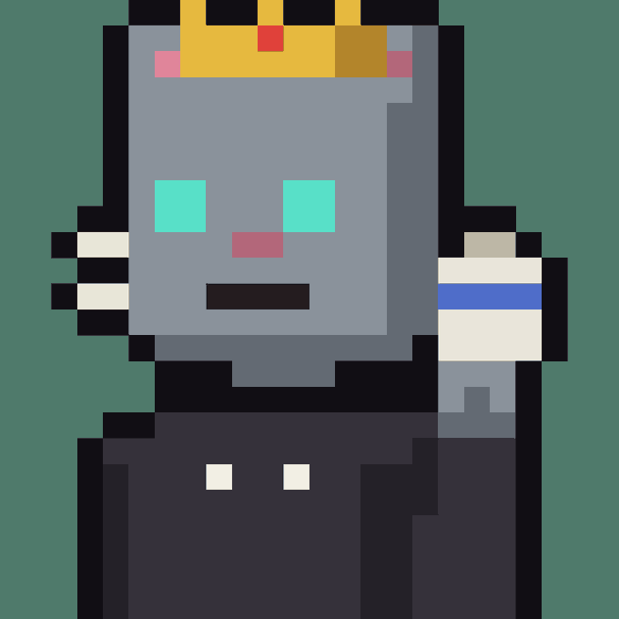 A pixel art illustration of a character with gray skin, cyan blocky eyes, a pink nose, and a golden crown, wearing a dark suit with white buttons.