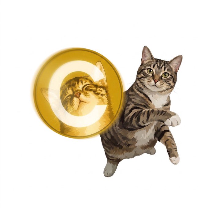 A cat leaping forward, depicted with a golden, glowing orb graphic containing a sleeping cat's face to its left.