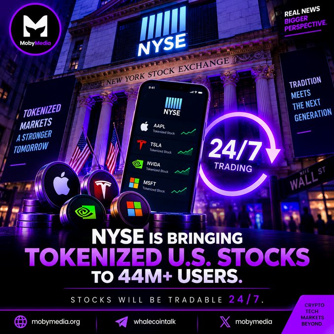 A promotional graphic from Moby Media announces that the NYSE is bringing tokenized U.S. stocks to 44M+ users, featuring logos for AAPL, TSLA, NVDA, and MSFT alongside a 24/7 trading icon.