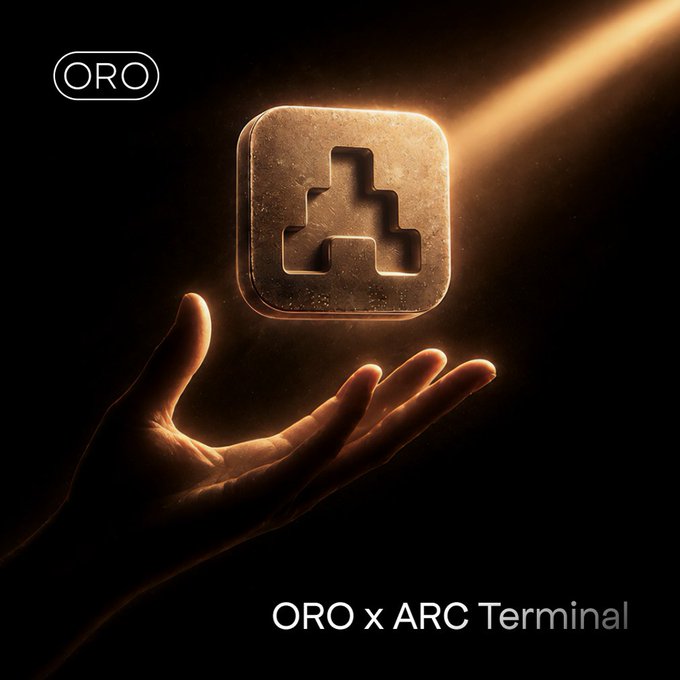 A promotional image for 'ORO x ARC Terminal' featuring a glowing golden block with a logo hovering above an outstretched hand against a dark background.