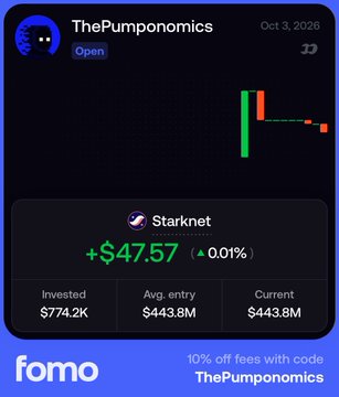 The image shows a portfolio tracker card for "ThePumponomics" displaying a $774.2K position in Starknet (STRK), currently valued at $443.8M with a $47.57 (+0.001%) daily change, alongside a chart depicting the token's steep decline. The post contextualizes this as a recent $740K buy of the heavily downtrodden asset, which is down ~99% from its launch highs over 2.5 years.